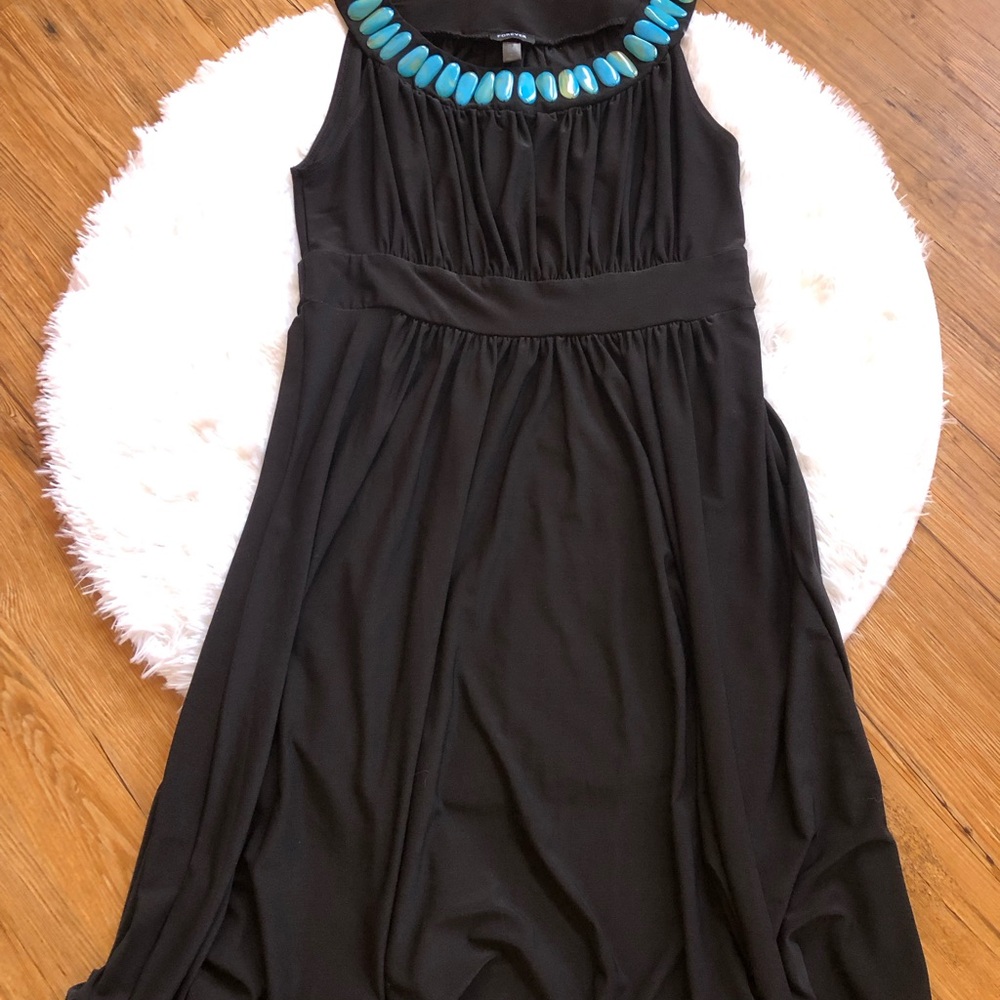 Turquoise Color Stone and Black Sleeveless Dress